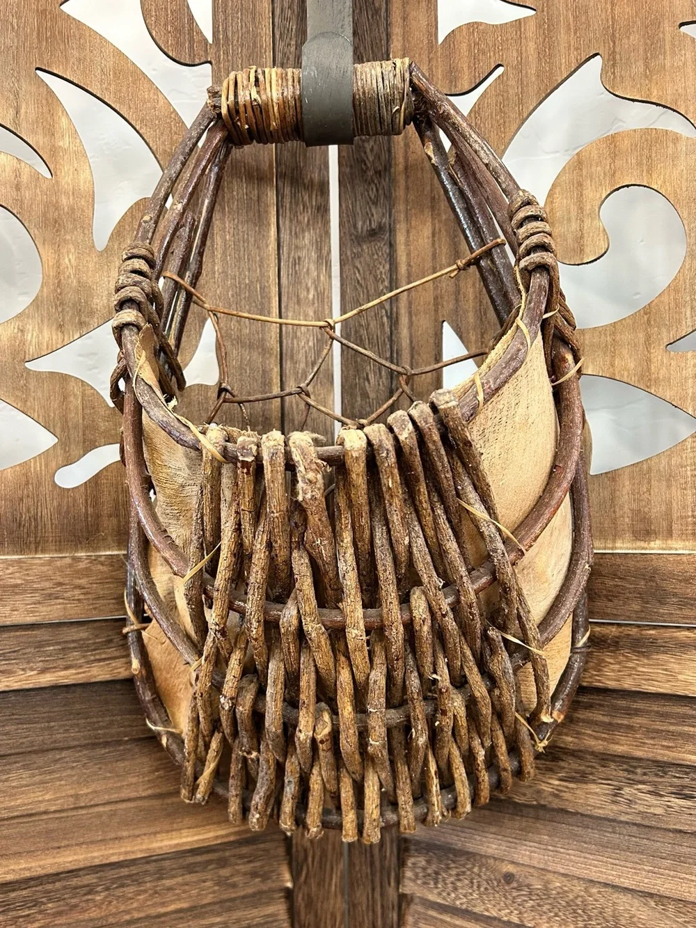 Vtg Palm Leaf & Woven Twig Hanging Wall Basket 17